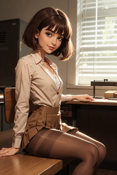 (Masterpiece), 1girl, office, A pretty girl, gorgeous, big wavy hair, brown hair, bob cut, bangs, brown eyes, dark gray blazer, blouse, pleated skirt, ((dark brown pantyhose)), ((very small chest)), ((slender body)), slim hips, (slender legs), very detaile...