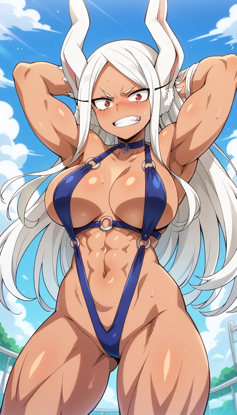 rumi usagiyama, long hair, animal ears, white hair, dark skin, rabbit ears, dark-skinned female, muscular, rabbit girl, muscular female, red eyes, parted bangs, large Breasts, posing embarrassed, red face, embarrassed, slingshot swimsuit, o-ring, 