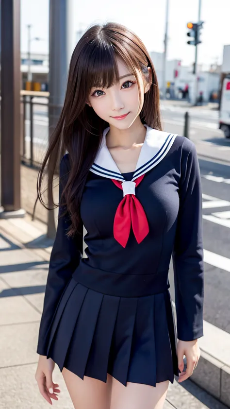 ((masterpiece)), (( Top Quality)),    photos,  4/5 Top Body Portraits ,　Japan、 sailor uniform、The Most Beautiful Girl,    very slim、  slender figure、realistic、BIG ROUND BREASTS,  detailed skin, detailed eyes