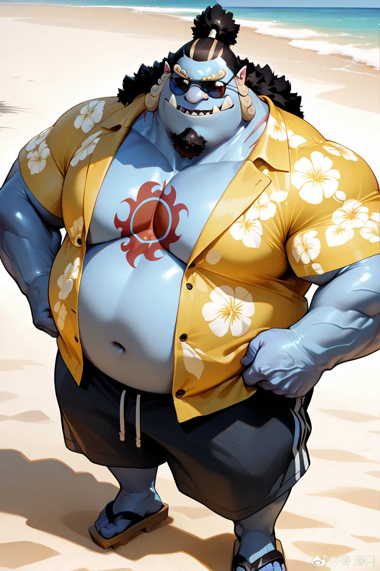 solo, 1boy,jinbe, blue skin, detailed face, beach, smile, Happy, detailed eyes, shorts, chest tattoo, wide shoulder, thick arms, (chubby, belly), wide pectoral, muscle, short hair:1.2, detailed eyes, focus eyes, sunglasses, yellow hawaiian shirt, masterpie...