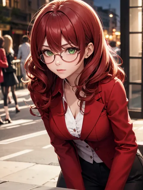 A woman, wearing a red suit, with dark glasses, Curly hair, Red hair, dark Latin skin, green eyes,