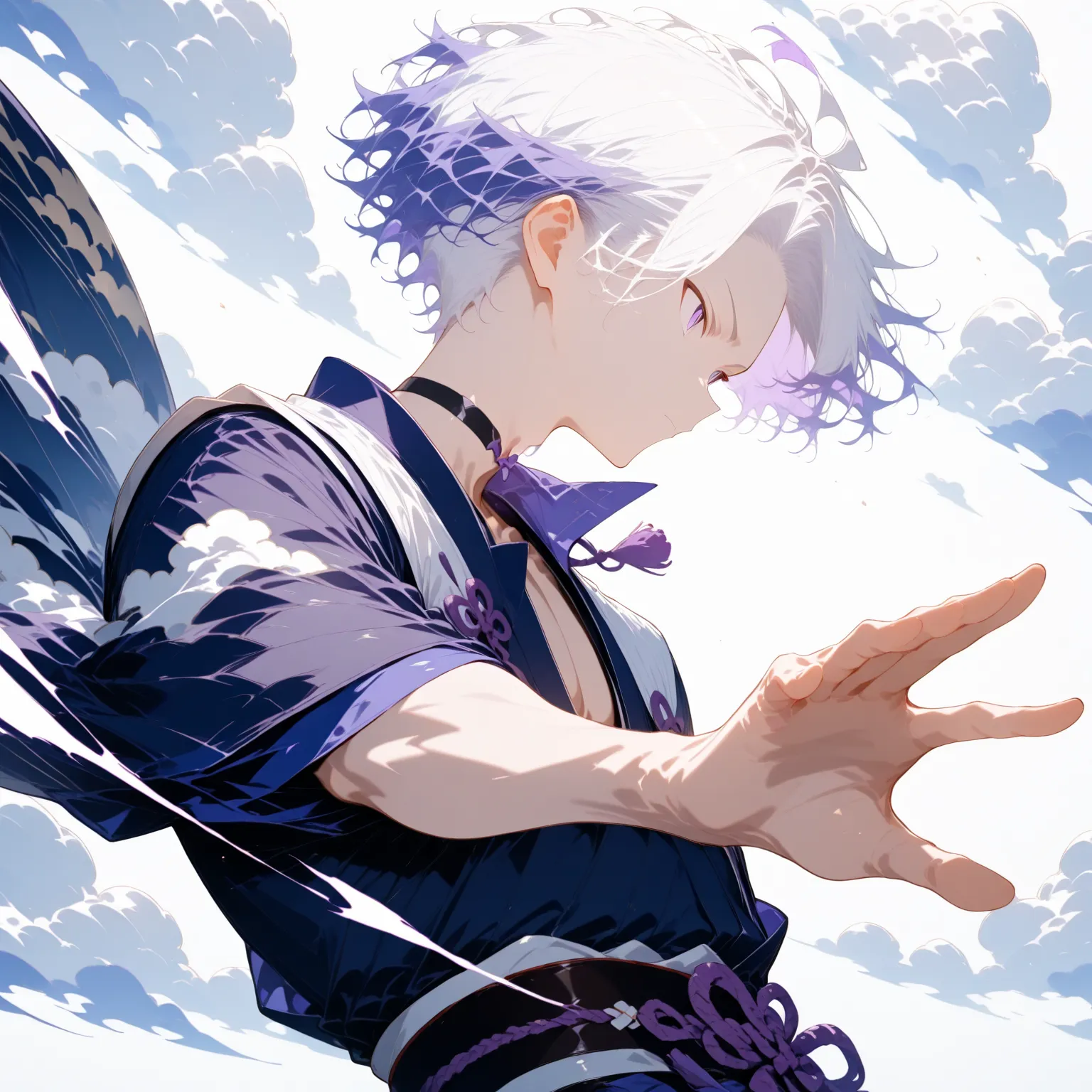 masterpiece, high score, great score, absurdres,
1boy,action pose,open hand,male focus, upper body,20-yo, クモイエイテル, toned,twink,white hair, side-parted, lilac highlights,purple eyes,avant-garde japanese clothes,cloud pattern,black choker,open collar shirt,p...