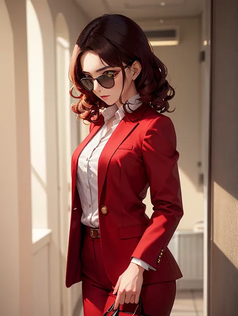 A woman, wearing a red suit, with dark glasses, Completely curly hair, Red hair, dark Latin skin, green eyes,