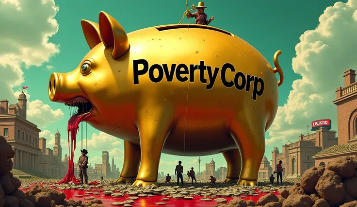 Surrealist digital art, hyper-realistic, dark satire. A giant golden piggy bank (labeled 'Poverty Corp') crushing a crumbling cityscape. Inside the piggy bank: stacks of blood-stained money,  laborer shadows, and tiny prison bars. Outside: a crowd of facel...