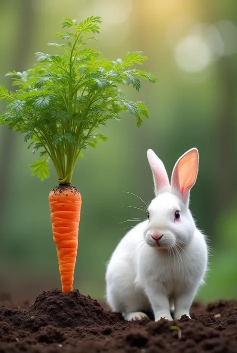 There are two carrot plants. The first plant has very short stems but the carrot is huge and covered with soil, the second plant has tall stems, with a lot of leaves, but the carrot is very small and covered with soil. In front of the plants is a beautiful...