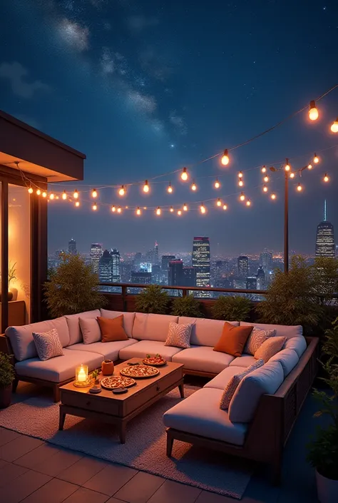 Realistic rooftop in a city with sofas, Table with a pizza, decorative plants and lights and the starry sky 