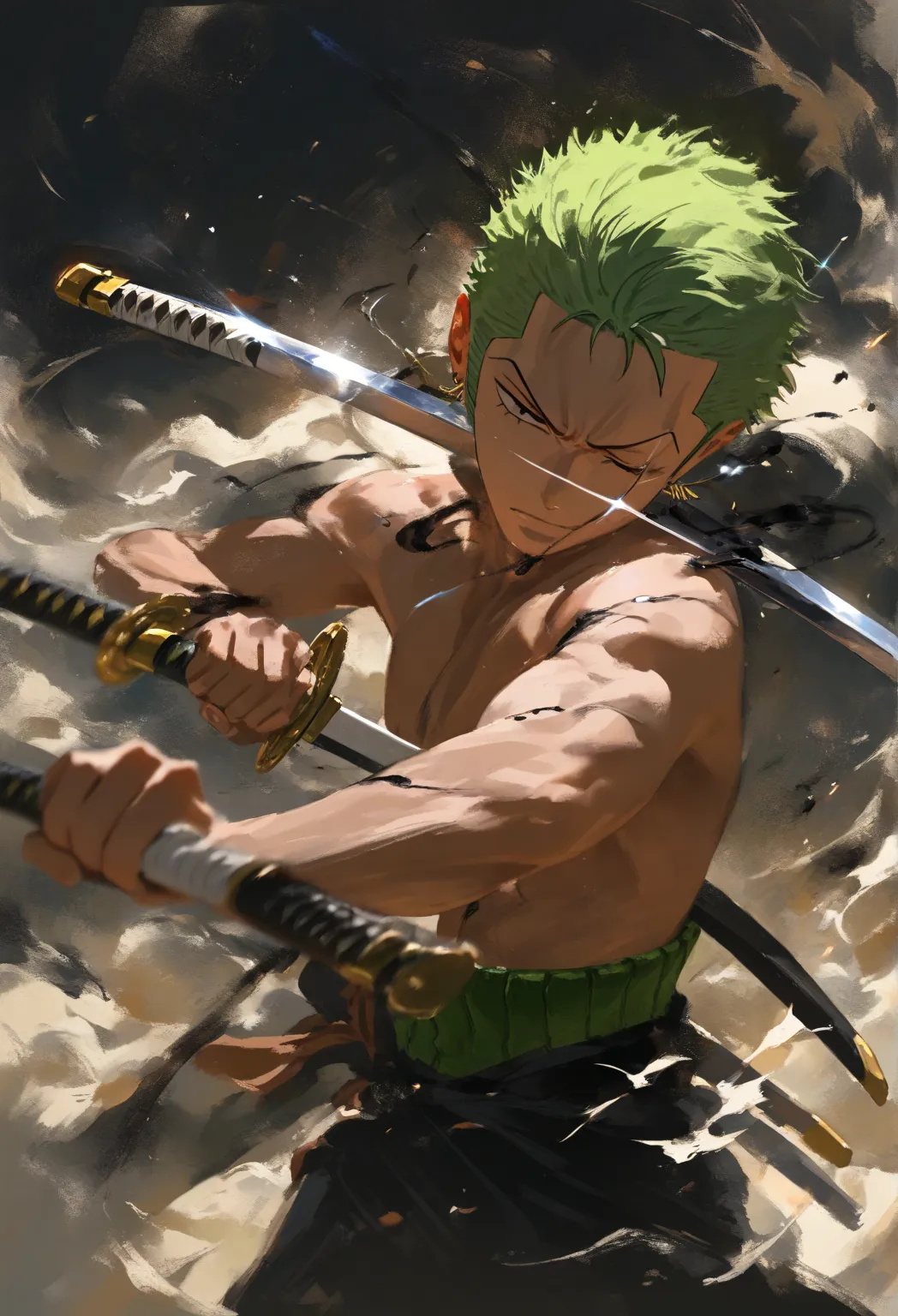 1man, zoro one piece, one eye closed, solo, bare chest, holding sword, doing fighting stance, black aura around his body , cowboy shot, depth of field, faux traditional media, painterly, masterpiece, high score, great score, absurdres