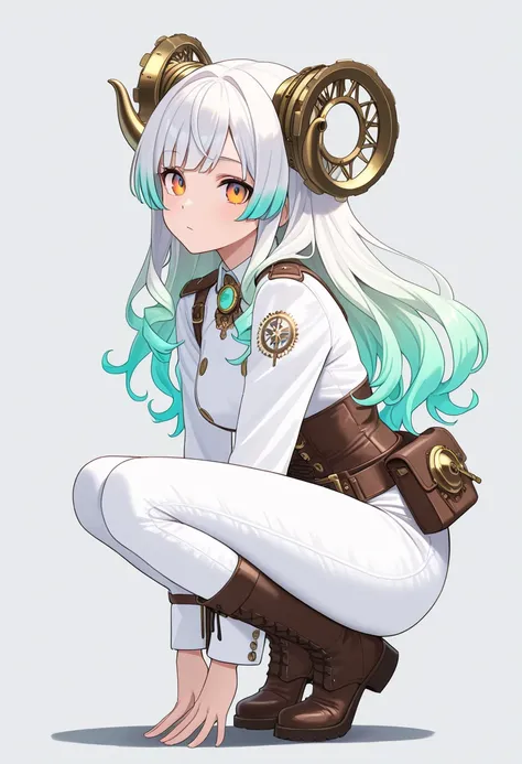 ((Live 2D))  masterpiece, 1 girl crouching, full body,  straight,  steampunk costume, uniform, viewer, detailed face, girl with green wave hair, bangs, Metal Ram Horns, gradient hair, colorful hair,  light green hair,  Turquoise Hair Tips, wave hair,  grad...