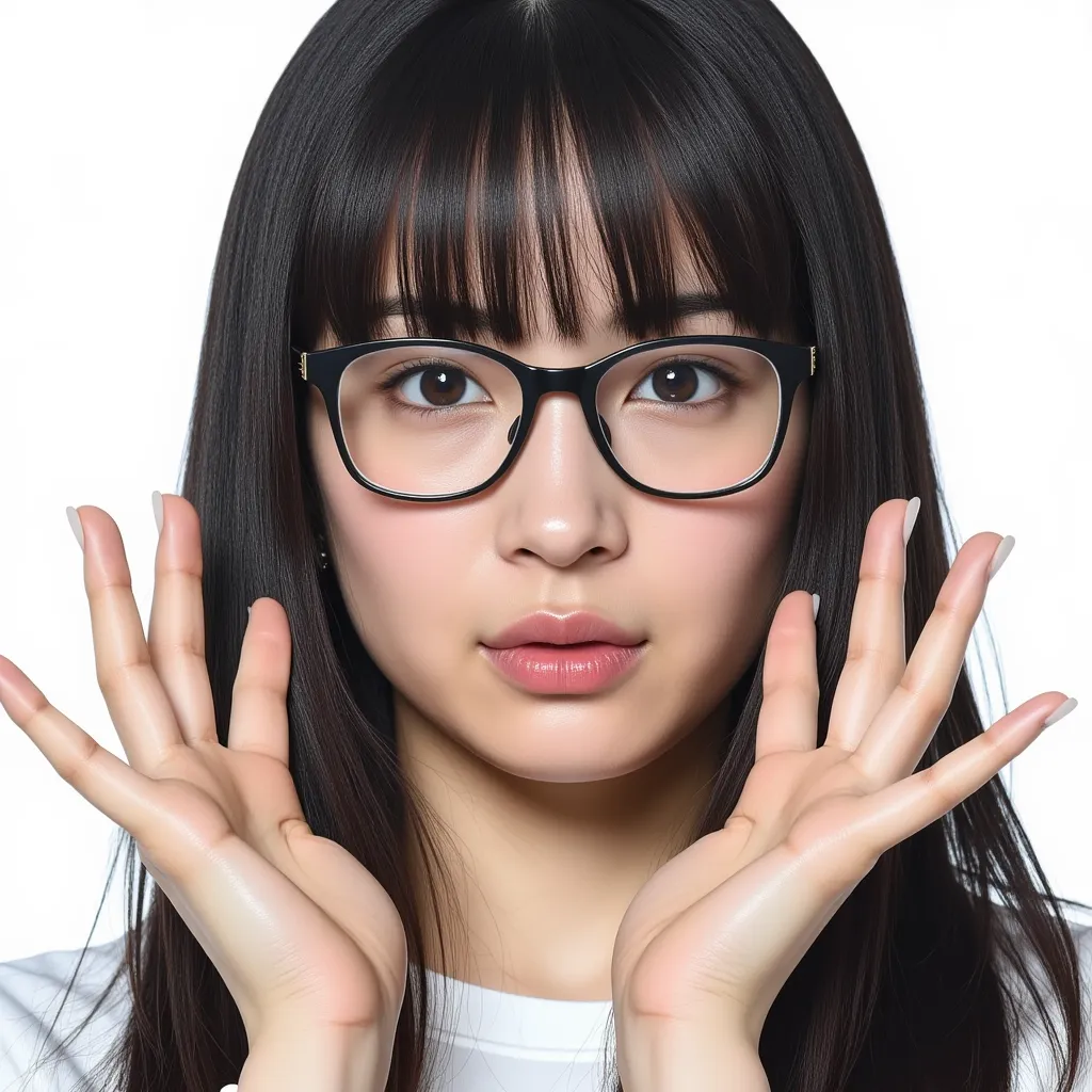 A beautiful Japanese actress with long black hair expresses the size of 1 mm with her hands with a questioning expression.She is wearing fashionable glasses.