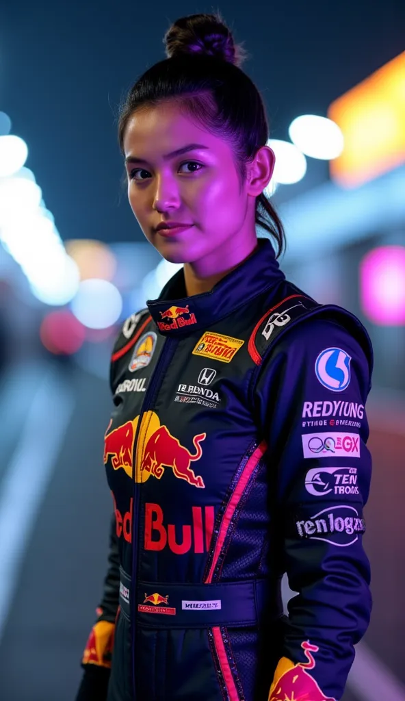 A confident female Formula 1 driver, (((wearing the (((official 2024 Red Bull Racing suit))) with hyper-detailed sponsors (Oracle, Honda, Tag Heuer, Bybit) embroidered in metallic thread, (((keyhole cutout at bust revealing subtle décolletage))), carbon-fi...