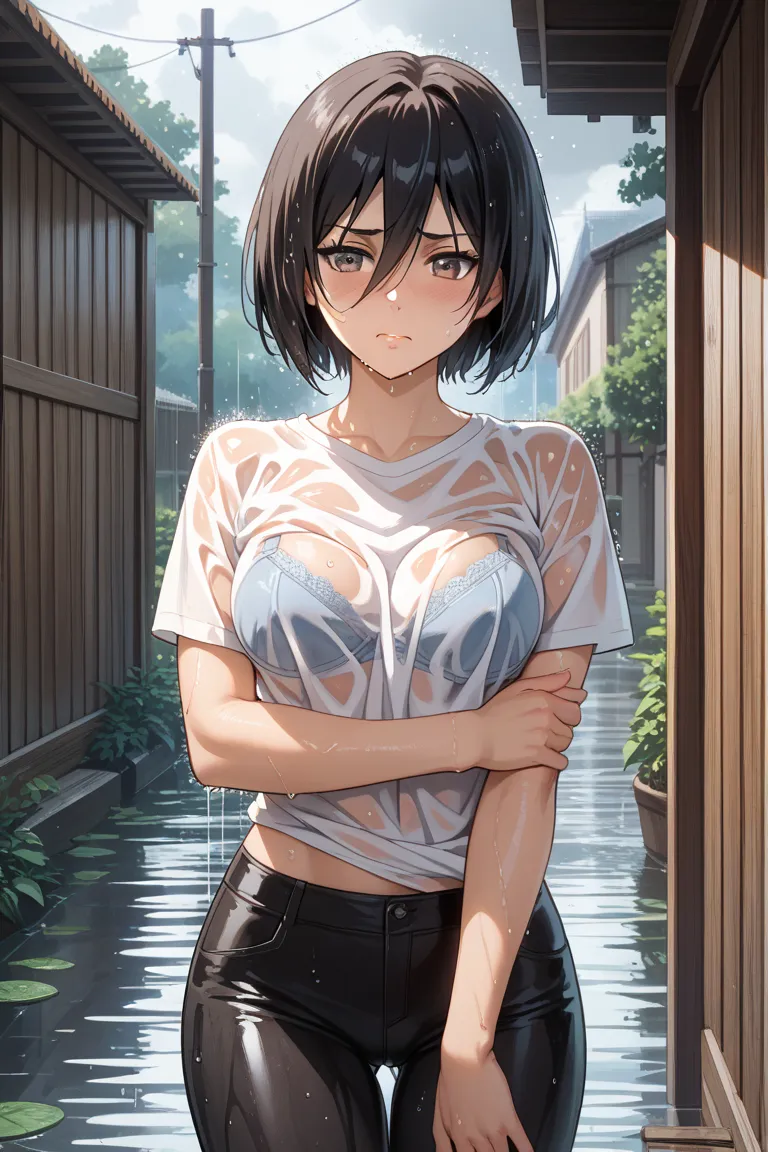 Mikasa,anime style,wet t-shirt, no bra, pants, pussy,embarrassed face