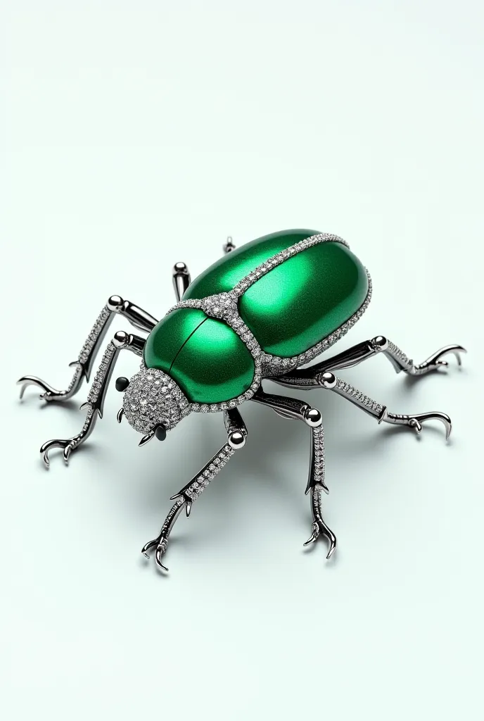 Create a white background image with a beetle made of deep green emeralds, diamonds and silver legs that symbolize the connection between emeralds and nature in Full HD