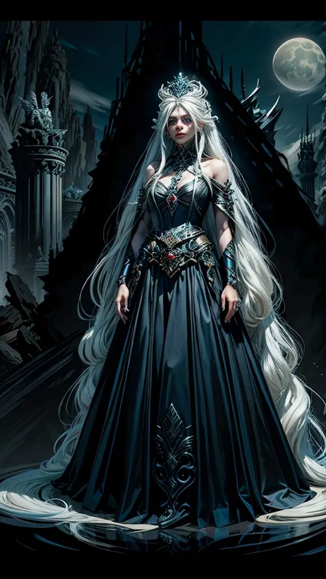 Full body image (((full body view))) a creepy beautiful woman with long white hair and a crown on her head, moon goddess, lunar goddess, goddess of the moon, dark goth queen with blue eyes, fantasy dark art, gothic fantasy art, gritty and beautiful elegant...