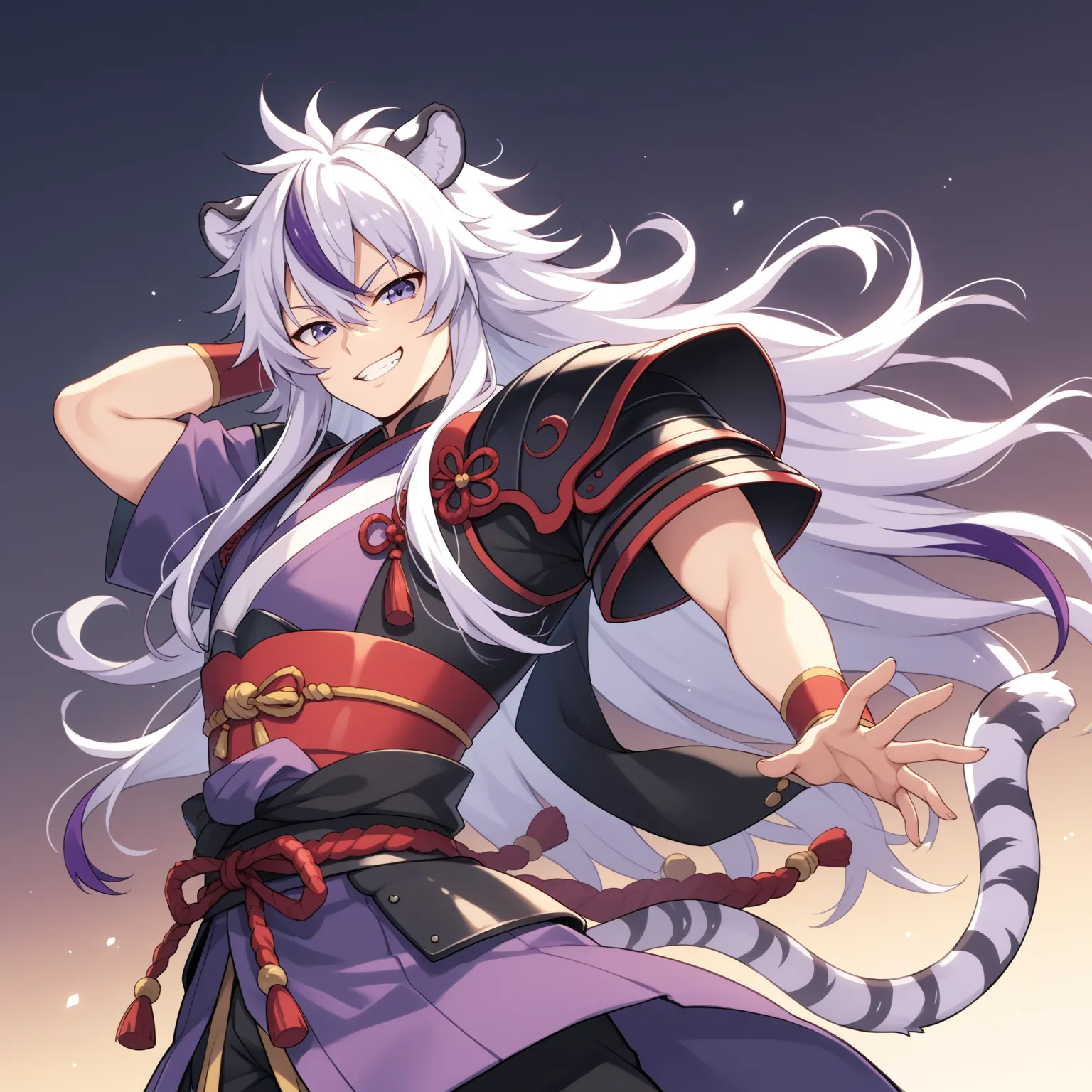 ((masterpiece)), Darkrai style clothes, anime lighting, 1boy, solo, long hair, white hair, purple hair, multicolored hair, purple eyes, cute, smirk, white tiger ears, white tiger tail, front view, messy hair, darkrai clothes, purple clothes, black clothes,...