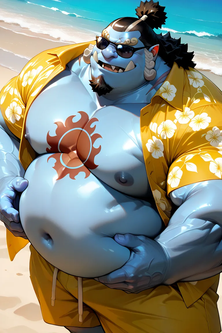 solo, 1boy,jinbe, blue skin, detailed face, beach, smile, Happy, detailed eyes, shorts, chest tattoo, wide shoulder, thick arms, (chubby, belly), wide pectoral, muscle, short hair:1.2, detailed eyes, focus eyes, sunglasses, yellow hawaiian shirt, masterpie...