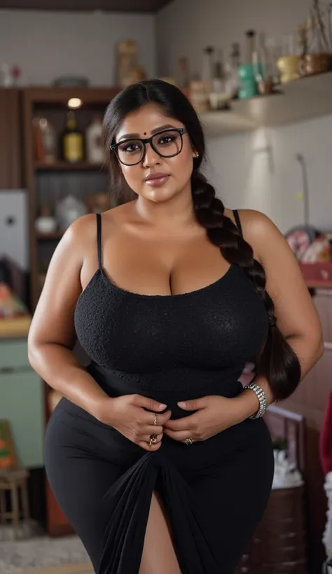  woman with thick curvy mom body physique thick thighs, big waist, woman is wearing a round spectacles, woman with black long single plaited hair, woman with small black dot bindhi, red sindoor near her hairline, woman looking at camera, perfect mid range ...