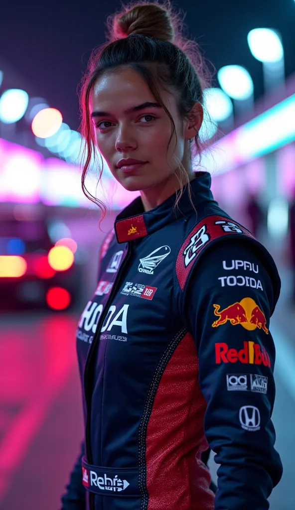 A confident female Formula 1 driver, (((wearing the (((official 2024 Red Bull Racing suit))) with hyper-detailed sponsors (Oracle, Honda, Tag Heuer, Bybit) embroidered in metallic thread, (((keyhole cutout at bust revealing subtle décolletage))), carbon-fi...