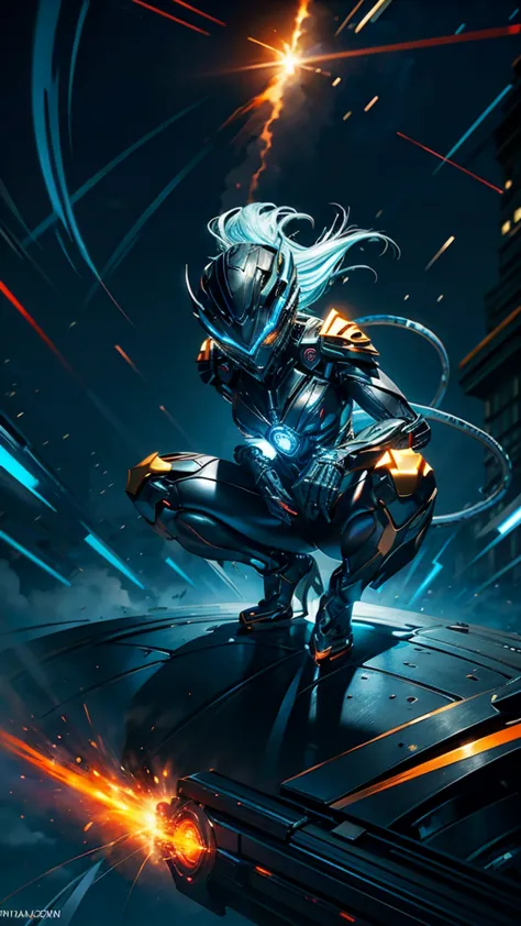 Full body image (((full body view))) A powerful woman crouches, raging, amid sleek, futuristic machinery, her body crackling with blue and red electric energy. Bolts of lightning ripple through her, reflected by the machines that brought her to life. Her h...