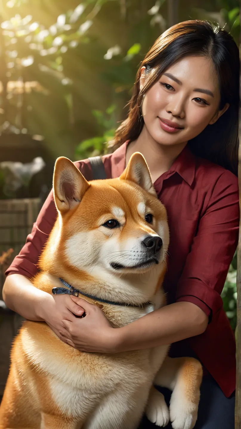 A photorealistic scene featuring a charming Shiba Inu—about half the size of an average human—being tenderly held by a person. The oversized Shiba Inu boasts intricately detailed fur and expressive eyes, exuding both strength and affection. The human gentl...