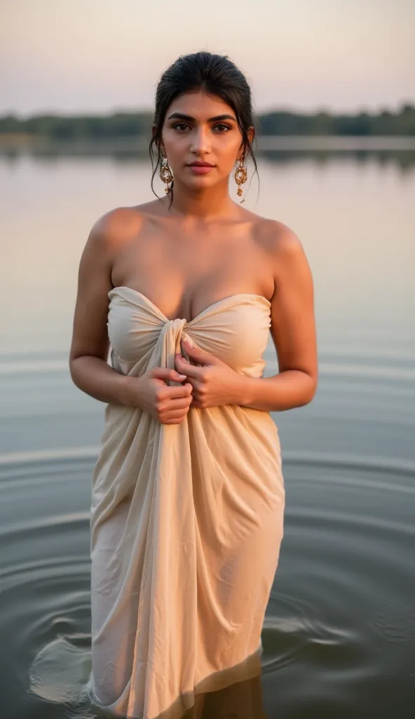 Beautiful women bathing in lake, pale skin, (Baggy dress:1.5), strapless, oversized, xxxl, extra large dress, seamless, short mini, bare arms, desi indian wet petticoat, solid dyed colour, sleeveless, water, reflection, sunlight, bathing, wet, lake, detail...