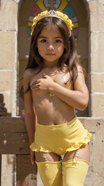 pequeño person, (((mostrando desnudo))) (((on the church))) luz natural, (((pequeño person 8.0))) (((pequeña 8.0))) (((pequeño))) decorative bows, beautiful smile, (((little latina style)))) (((beautiful eyes))) (((little slim build))) (((little of México)...