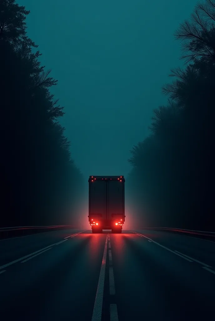 This truck is moving on a haunted highway in a dark night there is too much darkness on the highway and spooky trees around the both sides of the road horror view ultra realistic image 8k ultra dark black n8ght view