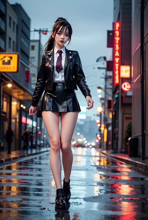 a schoolgirl in a short leather skirt, detailed facial features, messy ponytail, playful expression, walking down a city street, neon lights, rainy atmosphere, puddles reflecting the lights, dreamy cyberpunk style, 8K, ultra