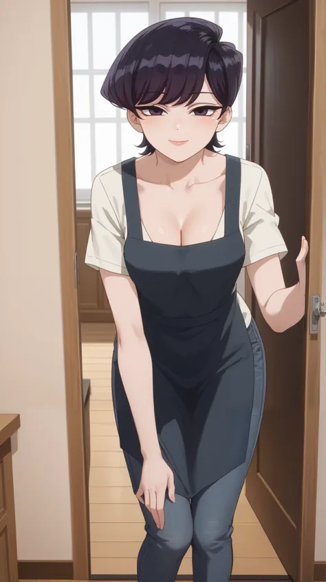 shuuko komi, short hair, black hair, black eyes, half-closed eyes ,shirt, white shirt, short sleeves, pants, apron, denim, jeans, blue apron, 1girl,  beautiful, beautiful and perfect face, smile,e, looking at viewer,  navel, cleavage, large ass, curvy body...