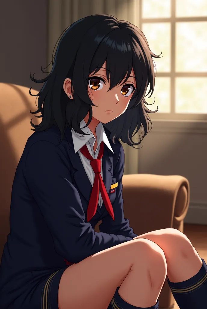 A girl in the living room of the U..a sentada,  in the uniform of the u.a,  wavy black hair , Serious expression with brown eyes, My Hero Academia anime version