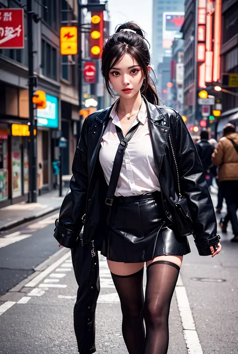 a schoolgirl in a short leather skirt, detailed facial features, messy ponytail, playful expression, walking down a city street,calm atmosphere, dreamy cyberpunk style, 8K, ultra