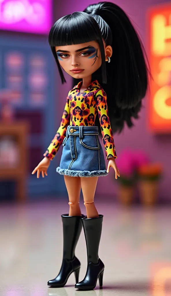 Bratz doll dressed like this, denim skirt and long sleeves fire print shirt, with big black high heel boots, black hair in a ponytail with curtain bangs, thick Bratz lips and big Bratz eyes, fair white skin. Full body