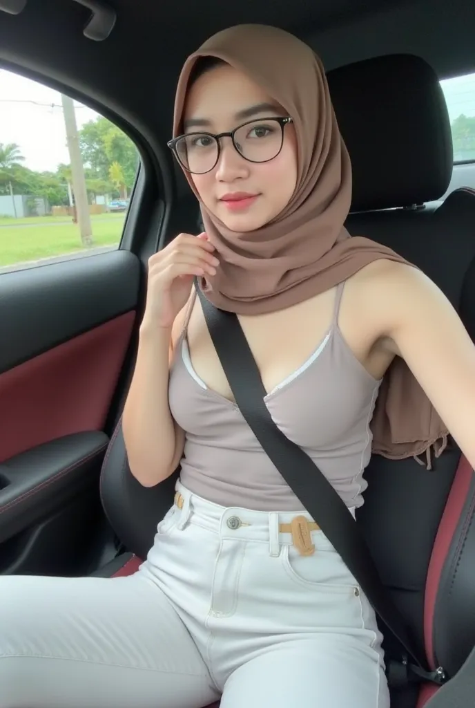 Indonesian girl, 18 years old, hijab pet (((full hijab, close hijab, big hijab))) , wearing spaghetti strap tanktop, white jeans, skinny body, big breast(((large breast))) , glasses, perfect body, , sit in nissan gtr r35, sexy pose, Sad , Back view, full b...