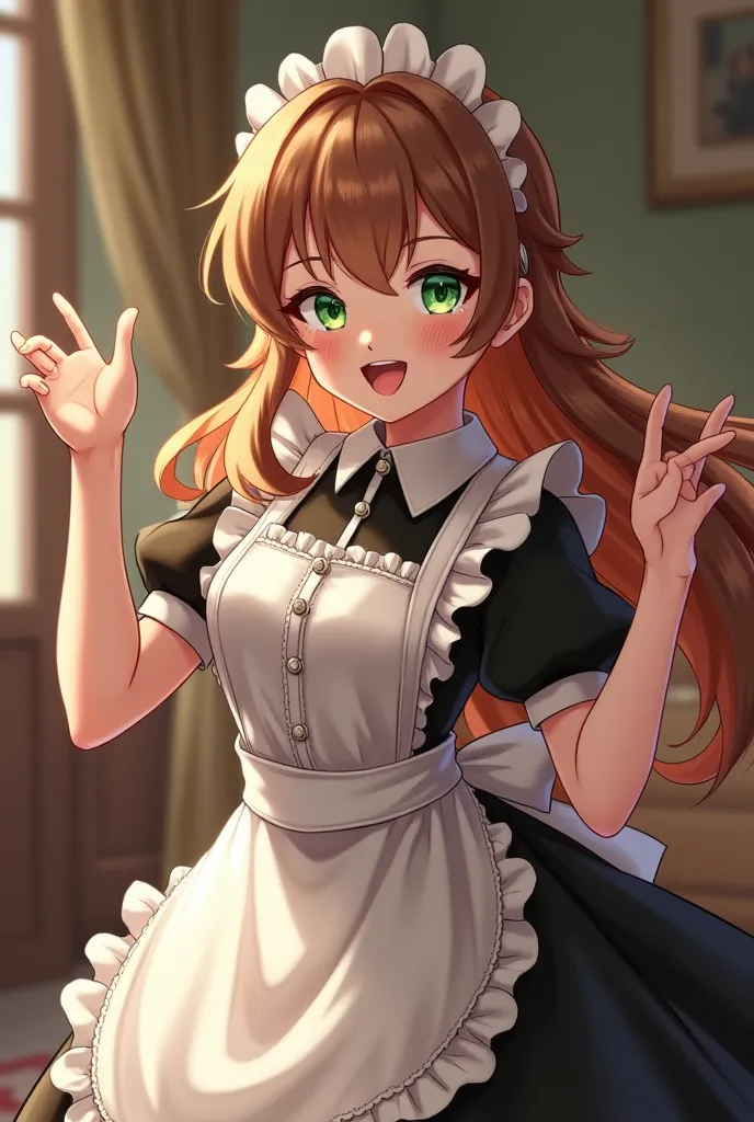 A servant in a cute pose dressed as a maid with half brown hair half of two Maria Chiquinha is long with blonde locks and no bangs with light green eyes