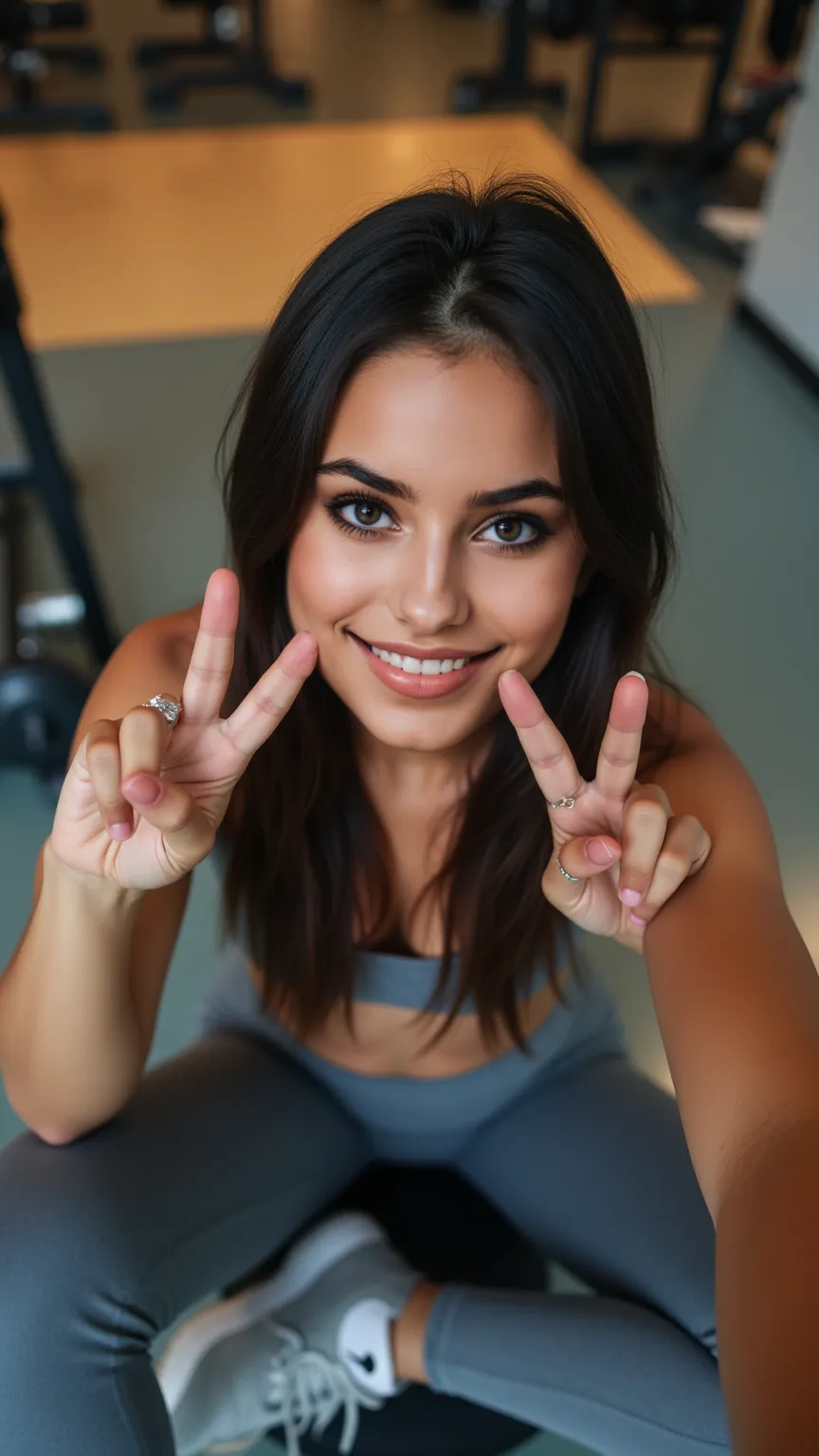 “A realistic top-down selfie-style shot of a young Latina woman sitting on the gym floor, wearing sleek gray leggings and gray Nike sneakers. She smiles confidently, making a playful peace sign (V-sign) with her fingers while looking directly at the camera...