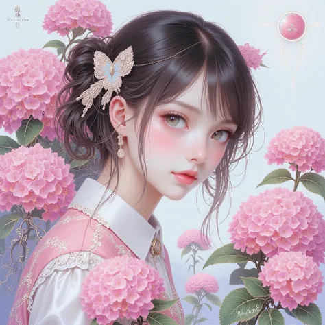  Hydrangea、Angel、girls、Feminine Skin 、paint that flows modestly on the bottom of the image, charming attitude, excellent sense of art、bun hair