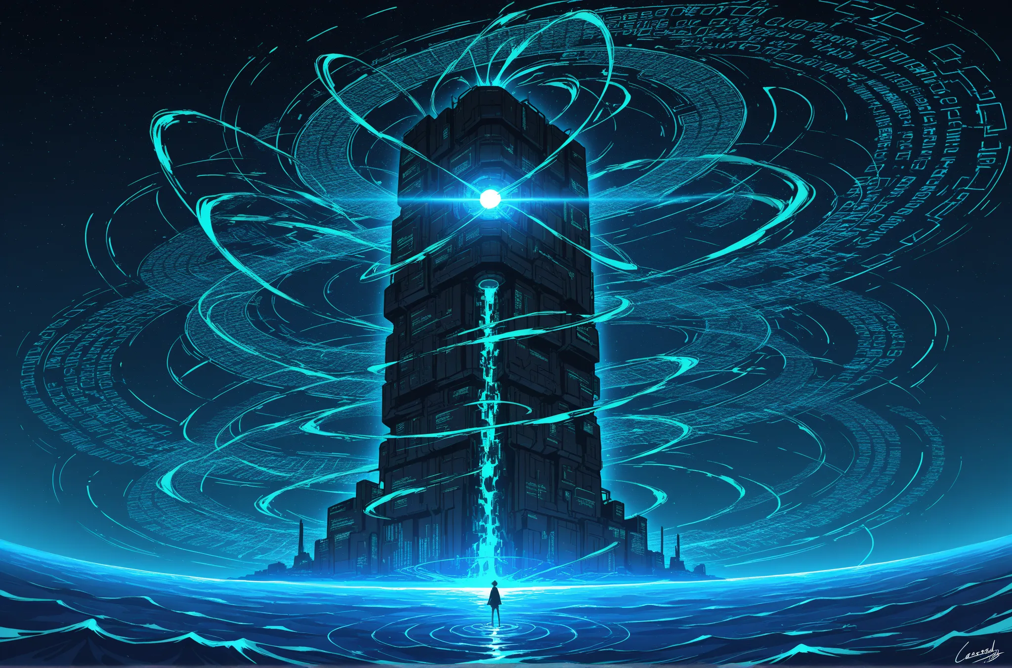 A massive, high-security prison standing isolated in the middle of a vast ocean of glowing code.  
The ocean is not made of water but consists of flowing neon-blue digital symbols,  
cascading streams of numbers, letters, and encrypted data waves.  
The pr...