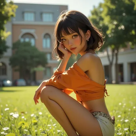 8k, Masterpiece, Top Quality, Low-angle, close-up, smiling, young, woman, brown, hair, green, top, white, shorts, sandals, animal print, urban, outdoor, bright, sunlight, crouched,  happy.score_9, score_8_up, score_7_up  ,cute, (asian:1.2) 1girl ,,, Black ...