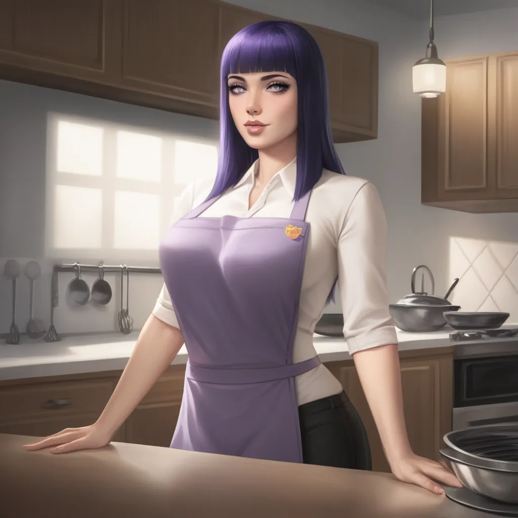 A girl with a a dark blue hime cut hairstyle, white eyes, large breasts, slender and curvaceous body wears a purple naked apron on the kitchen.