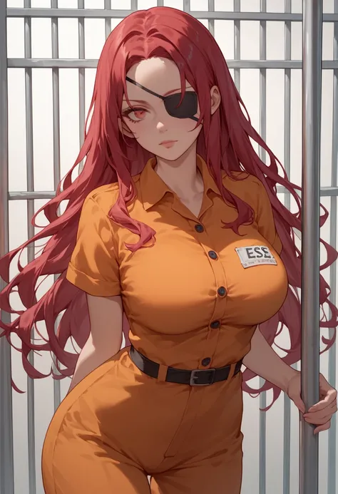 score_9, score_8_up, score_7_up, source_anime, 1girl, solo, 1girl, solo, elsie_crimson, large breasts, long hair, red eyes, red hair, prison outfit, eyepatch, elsie_crimson, prison background, cowboy shot,