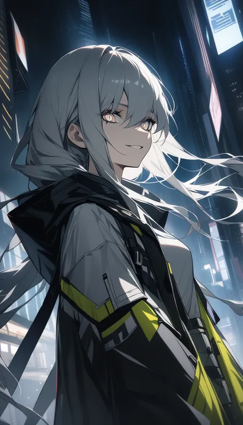 1 girl, Lapland \(Arknights), Arknights, upper body, gray hair, long hair,  scar on the eye , ironic smile, open coat, top tube, cinematic angle, Night City, masterpiece, the best quality