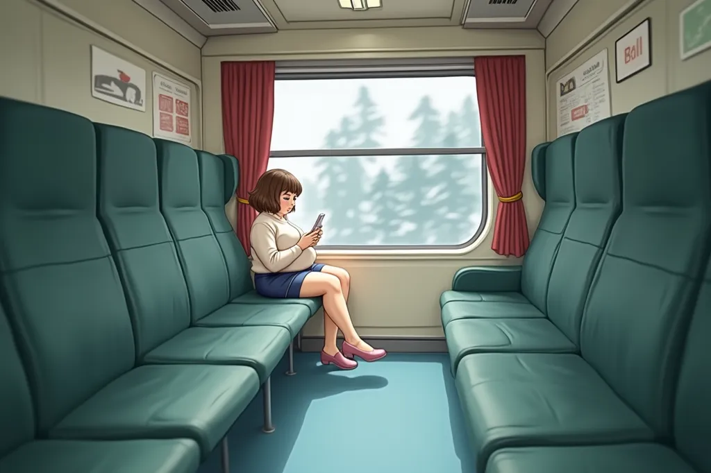 Czech chubby women is sitting in the train  and  looking at her smartphone. She has brown short hair and one leg crossing other  with thick thigh  showing under her skirt. 