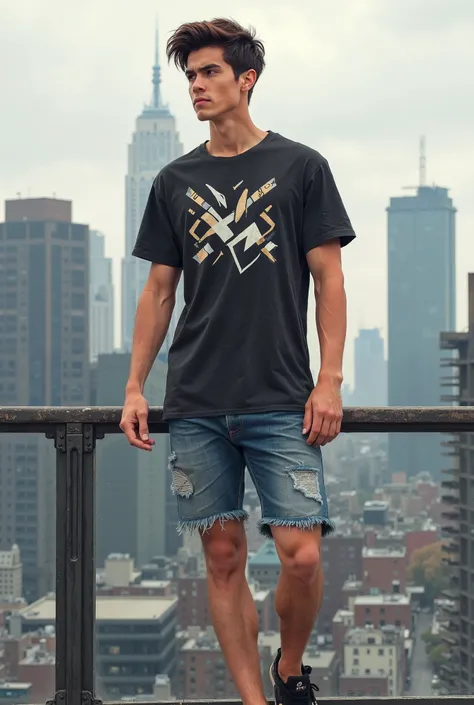 A young man standing on a roof with a cityscape background. He has short, well-groomed dark brown hair, a well-defined jawbone and fair skin. His facial expression is confident, looking to the side. He is wearing a stylish short sleeve black t-shirt with a...