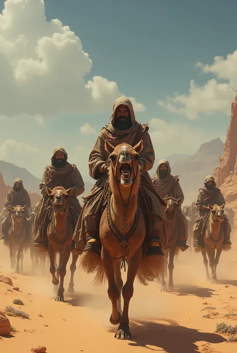 (RAW photo), (realistic), (photorealistic), Ultra High Resolution, masterpiece, Best Quality, perfect lighting for the background, detailed lighting, dramatic shadow , Ray Tracing, (( desertの隊商:1.2)), ((wilderness)), ((( desert))), (((Horde))),