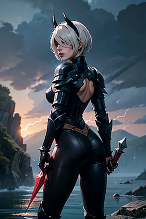 (1girl, Alone, alone), (YoRHa No.2 Type B, 2B, 1girl, solo, short hair, white hair, hairband, blindfold, covered eyes, black blindfold), ((Alone, (1woman,pink lipstick), extremely detailed , Soft ambient lighting, 4K, perfect eyes, a perfect face, Perfect ...