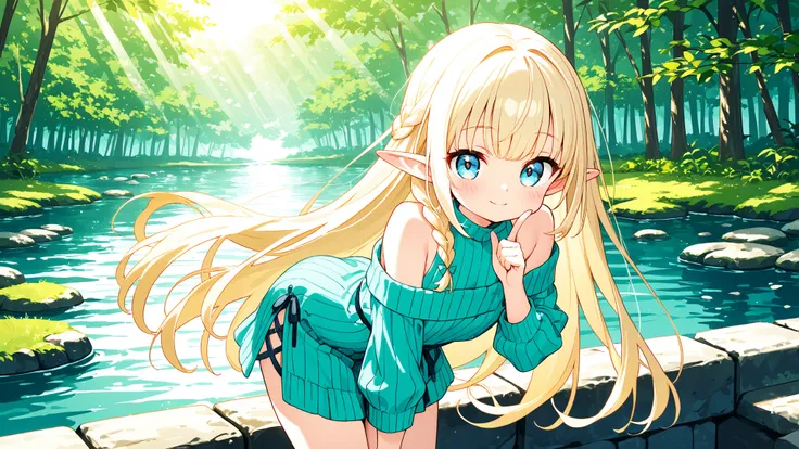 anime style、1 girl crouching、very long hair、 White Blonde Hair 、Big cute eyes、Deep blue eyes、cute face、blush、small smile、elf ears、Teal Ribbed Dress、Off Shoulder、micro miniskirt、Braided slit、Seductive Poses、 puts her index finger on her mouth 、cowboy shot、F...