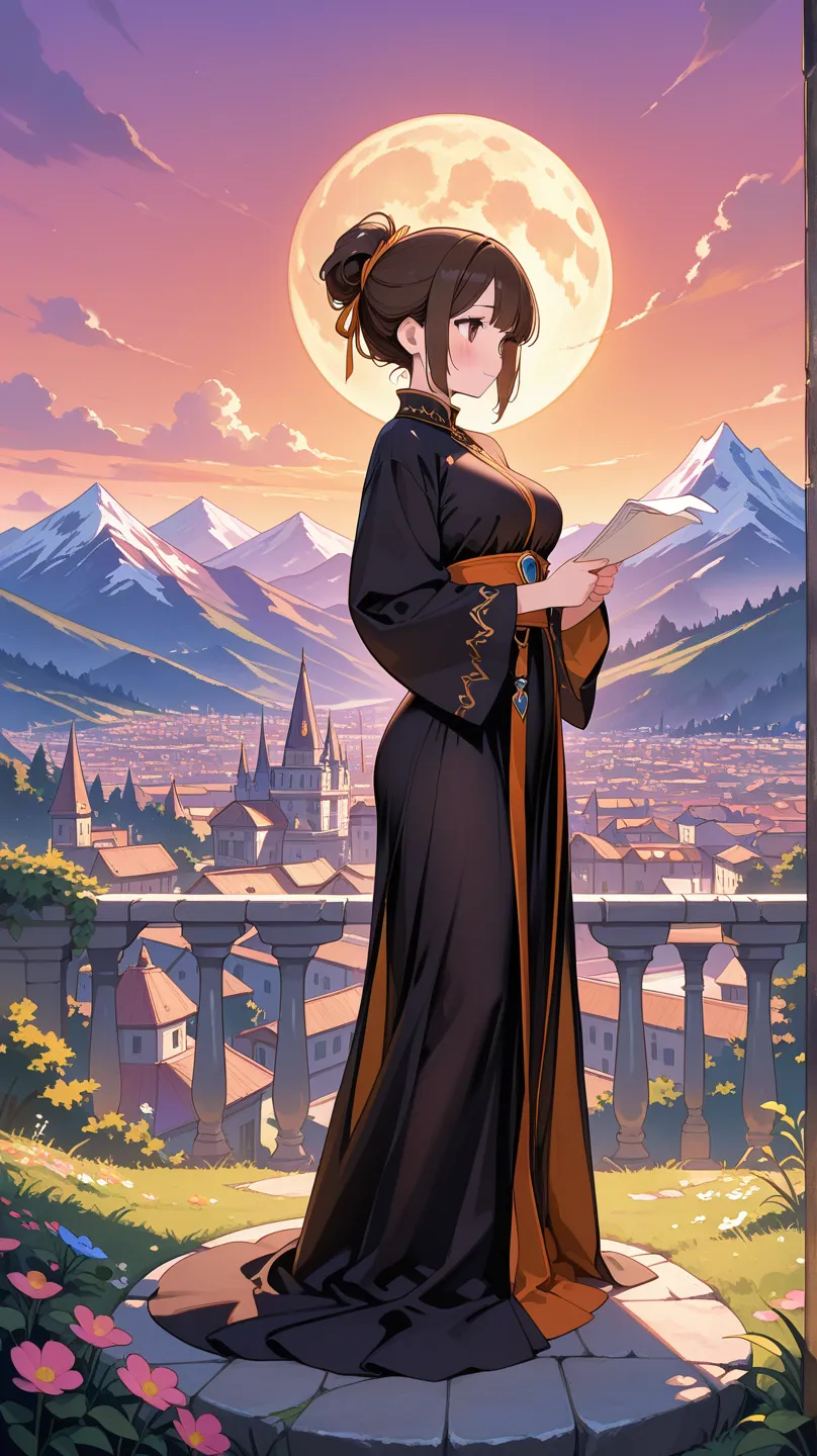 (masterpiece),(best quality),  illustration of a woman with a penis , ( fantasy:1.4),  Witch,  cute detailed digital art, cute face, brown hair, hair up, city, Mountain,  Dark Colored Long Dress ,  a moon , flower , paper_ cut, boobs