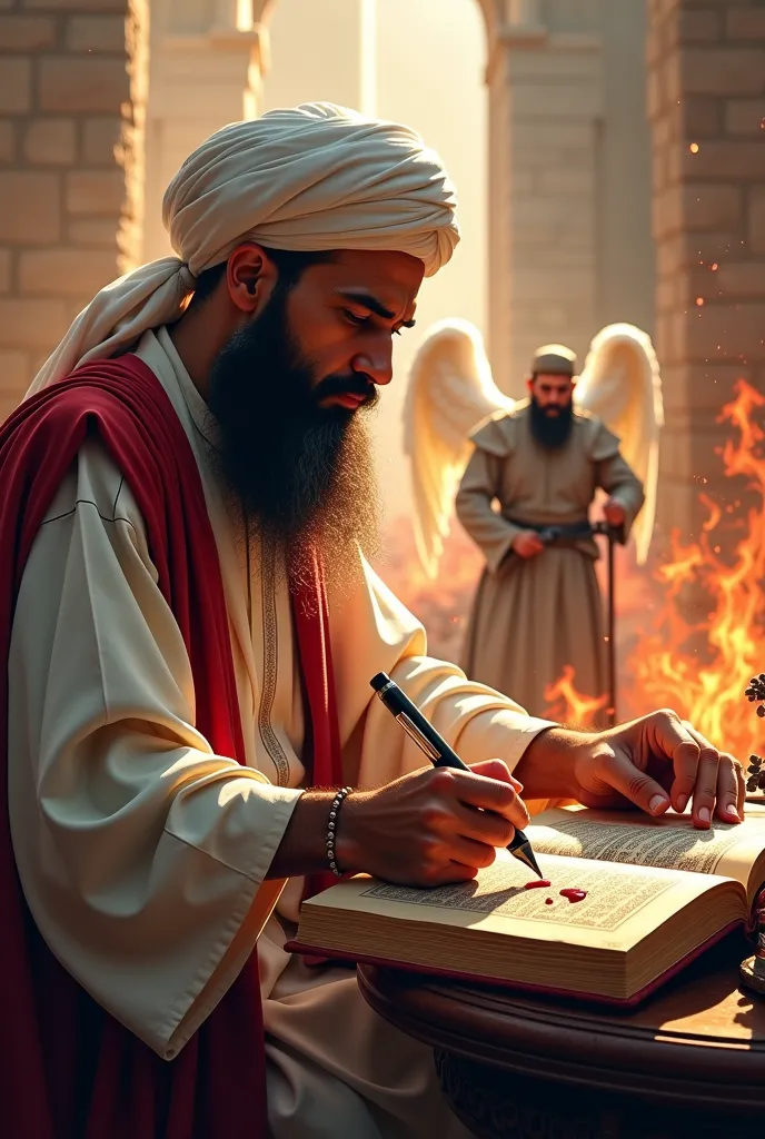 His beard is a little short, he looks like a Turk, while the scholar is writing with a pen, his ink drips onto the scale, the soldier fighting in the background, his blood also drips onto the scale, the scholar's ink feels heavier, there is a background of...