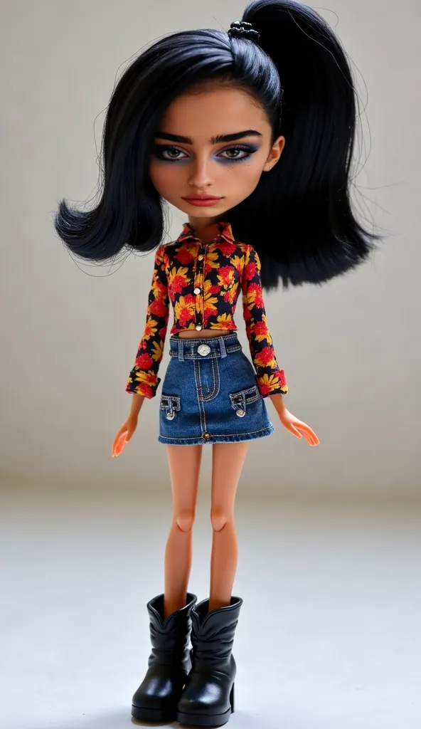 Bratz doll, denim skirt and long sleeves fire print shirt, with big black high heel boots, short black hair in a ponytail, thick Bratz doll lips and big Bratz eyes, white skin. Full body, NO fantasy makeup.