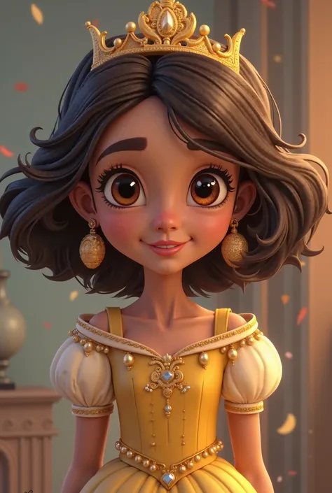  From  brown short brown hair above the shoulder full and very full and smooth straight a little wavy brown eyes she loves princesses I liked a Disney-style image remembering she is a small  and her skin is a little darker she is brown and neither is it bl...