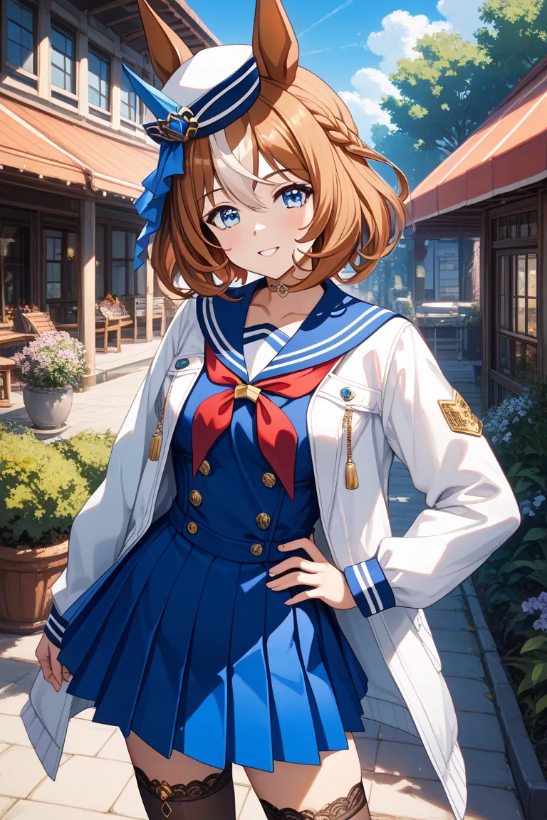 oguri cap \(umamusume\),
navel, blue skirt, long sleeves, pleated skirt, sailor collar, red neckerchief, belt, black pantyhose, white jacket, white shirt, grey footwear, fur-trimmed boots,